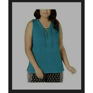 285 NEW 2X INC Linen Blend V-Neck Tank with Lace up Front Detail